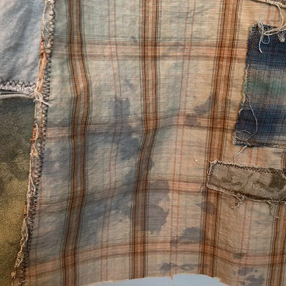 Upcycled patched over dyed fringe back sportsmen’s fish print plaid duster shirt